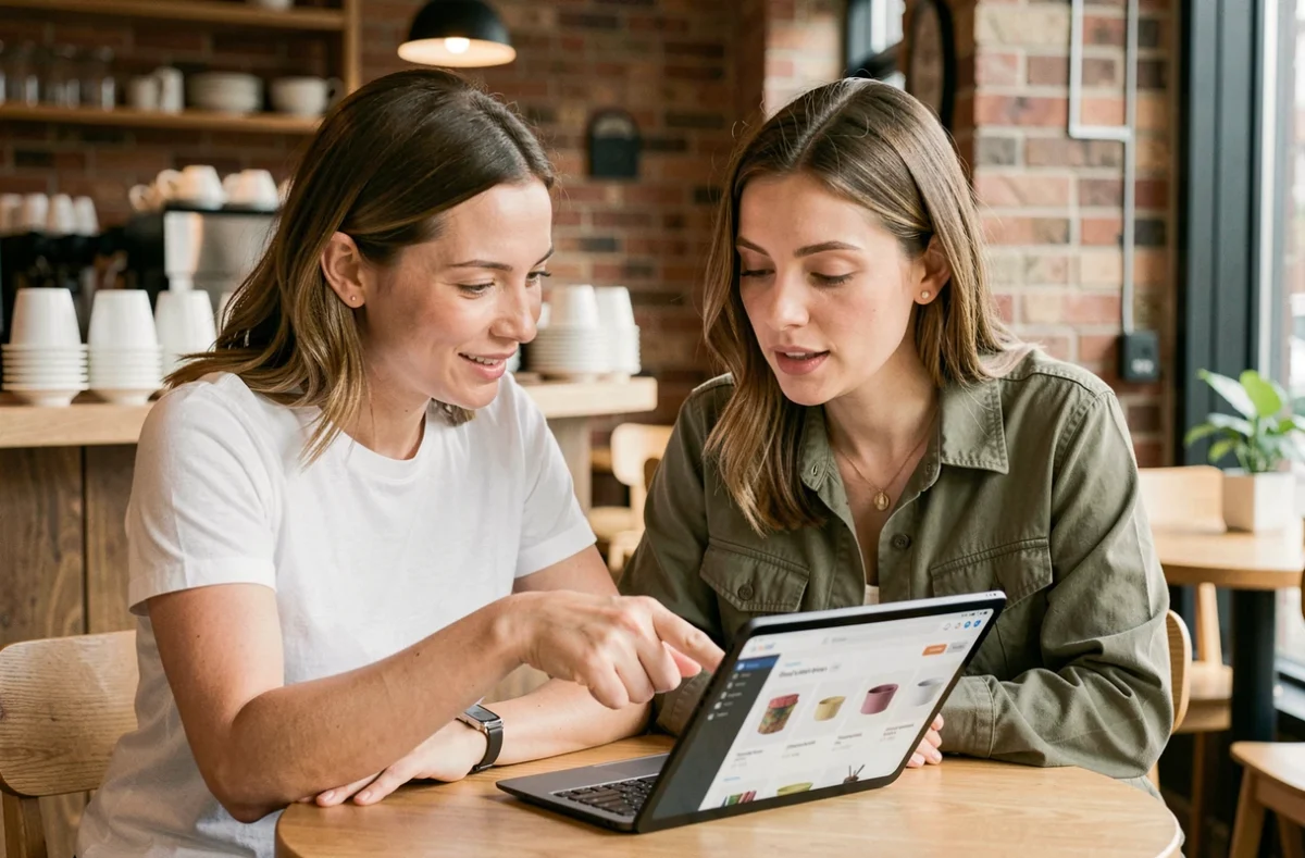 Deux femmes consultant ensemble une liste de marques sur tablette dans un café pour mieux choisir leurs produits