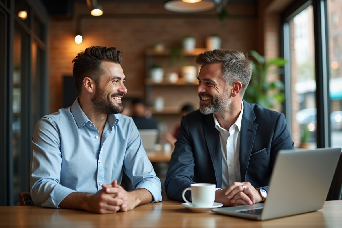 Deux hommes discutent autour d un café dans un coworking