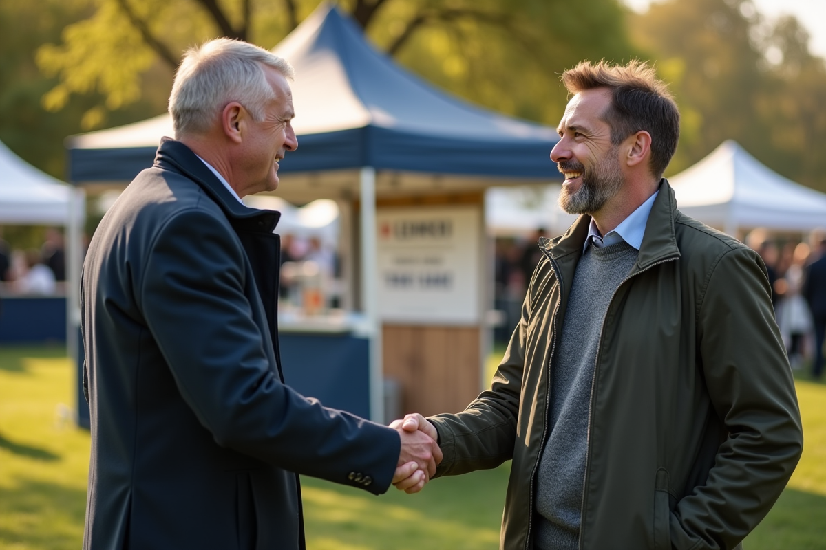 Deux hommes se serrent la main lors d un événement en plein air
