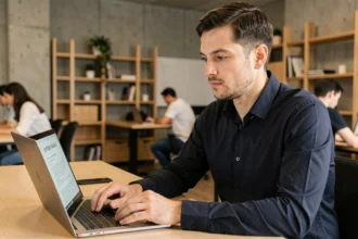 Développeur informatique en portage salarial consultant un contrat sur son ordinateur portable dans un espace de coworking moderne