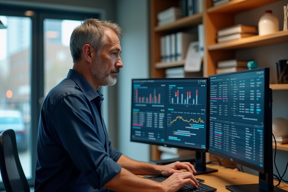 Directeur financier debout devant ses écrans affichant un logiciel de comptabilité pour gérer le prélèvement B2B de la DGFiP sans stress