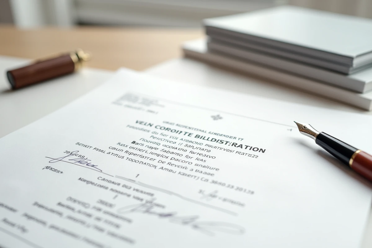 Document officiel d'enregistrement d'une société suisse avec stylo plume et dossiers juridiques sur un bureau de notaire à Genève, représentant le capital social déclaré