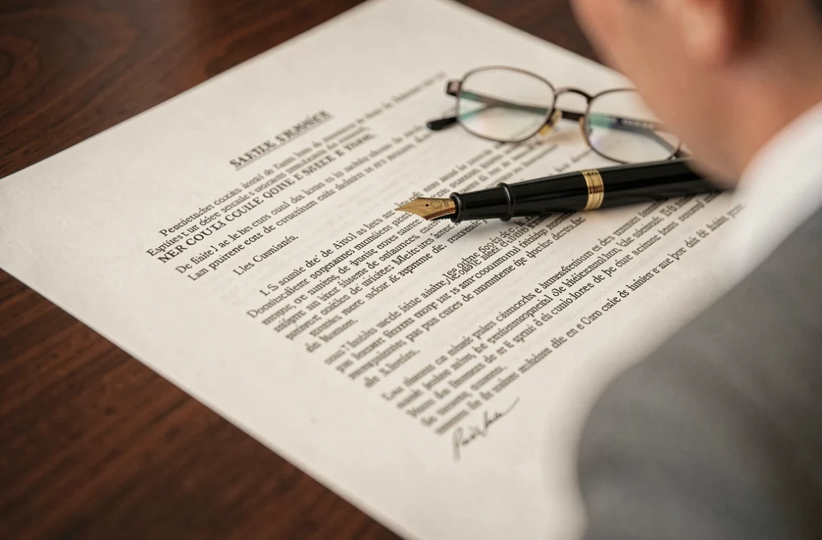 Gros plan d'un document de transaction juridique avec un stylo plume sur un bureau en bois sombre