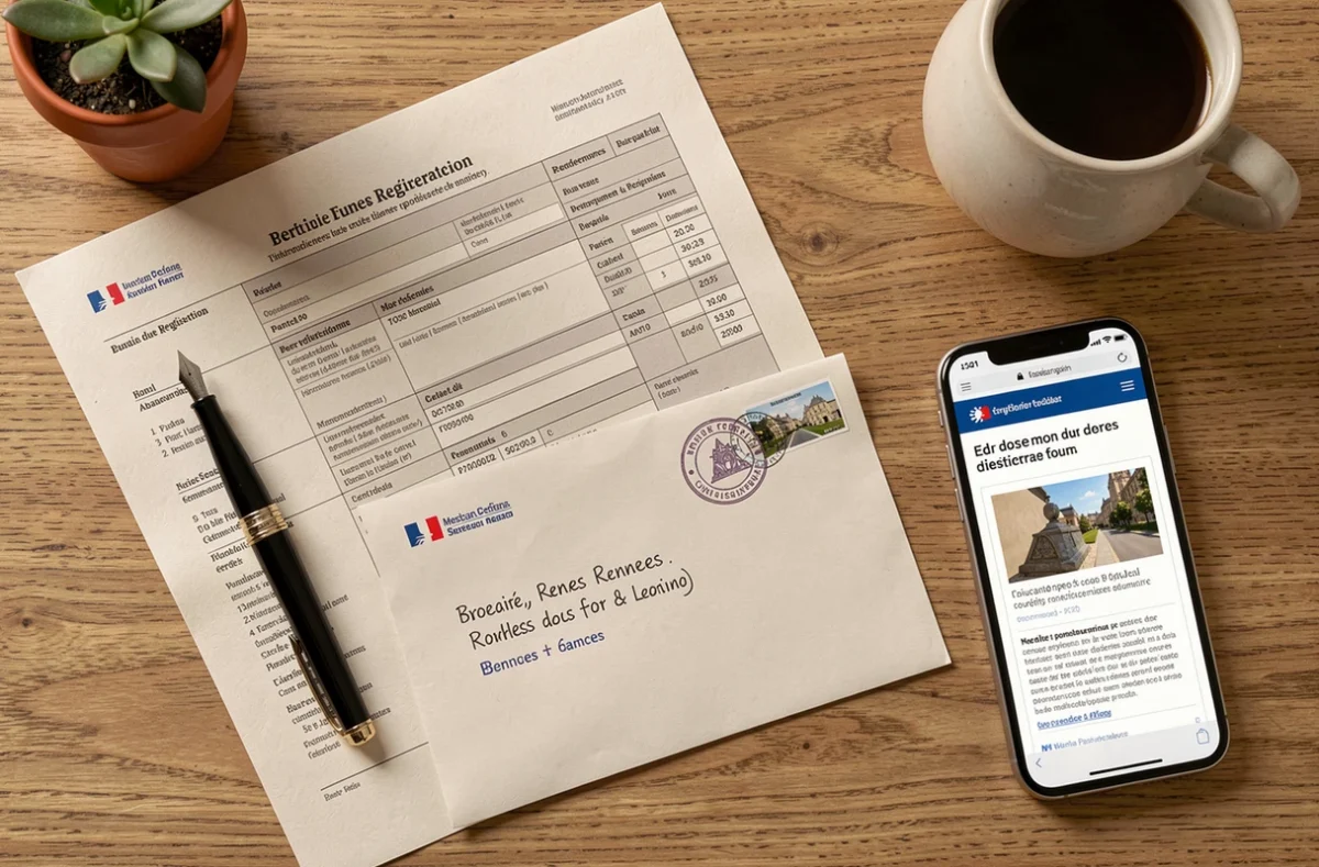 Documents administratifs pour la création et la domiciliation d'une entreprise à Rennes disposés sur un bureau en bois