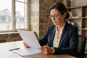 Femme entrepreneur en train de signer des documents de domiciliation d'entreprise à Rennes dans un espace de coworking moderne