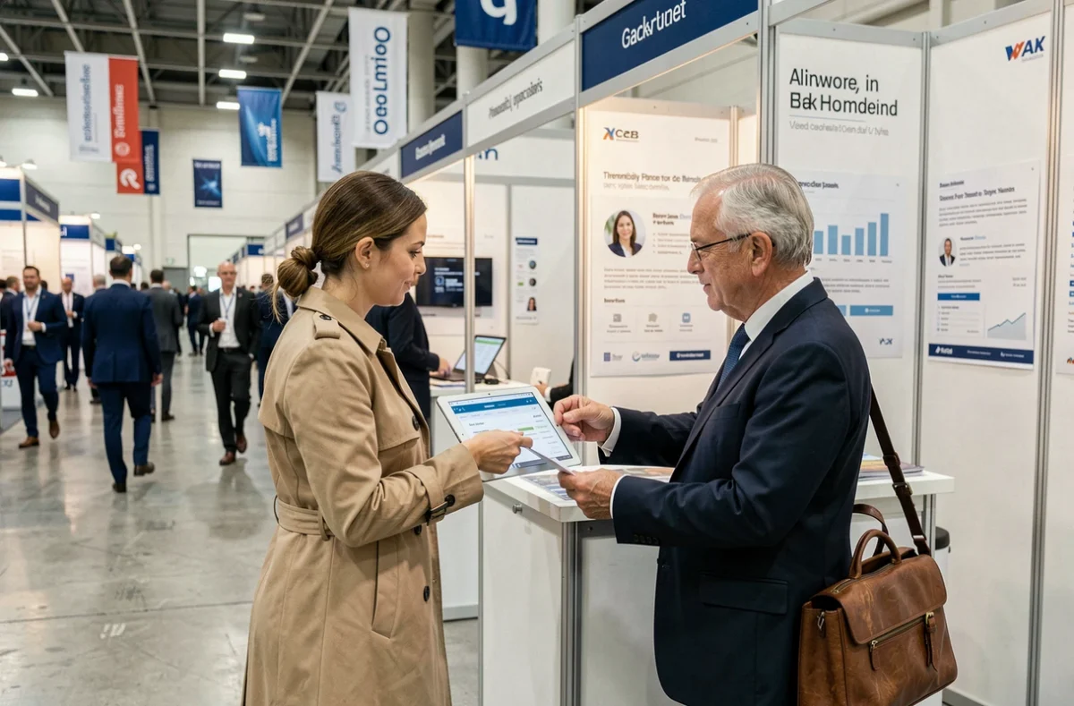 Deux professionnels échangeant des contacts sur une tablette devant un stand B2B dans un couloir de salon commercial