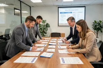 Groupe de salariés examinant les bulletins de vote lors des élections du CSE Altran autour d'une table de réunion