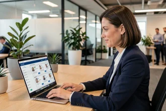 Employée Auchan consultant le portail RH4YOU sur son ordinateur portable dans un bureau moderne