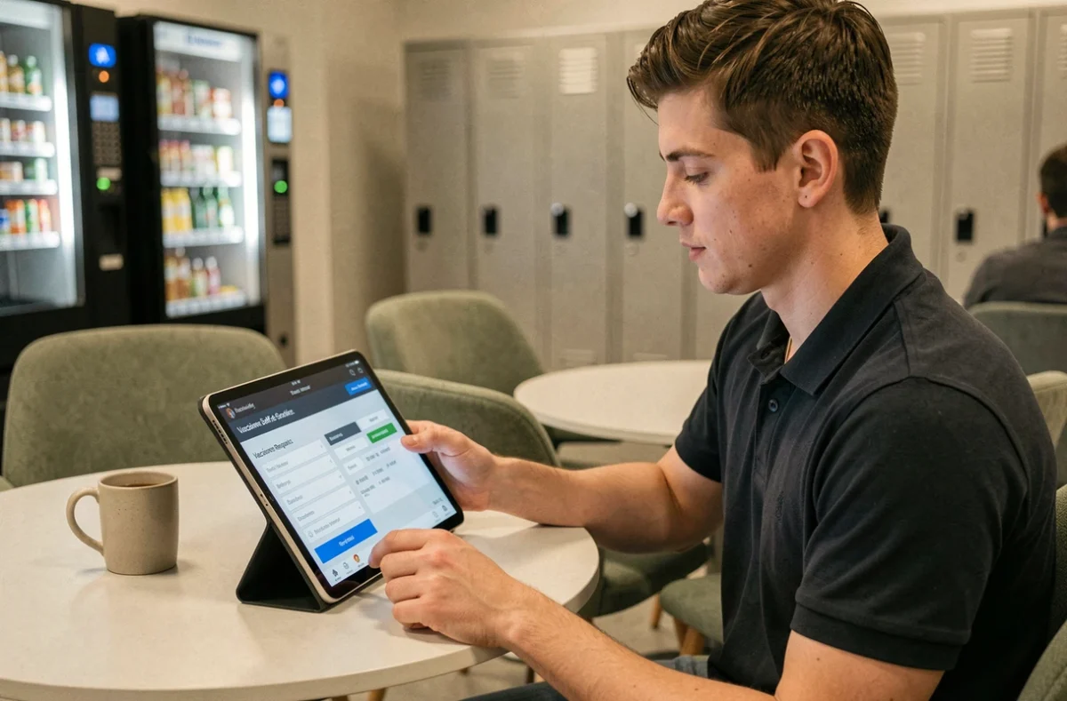 Jeune employé Auchan accédant au portail RH4YOU sur une tablette pendant sa pause