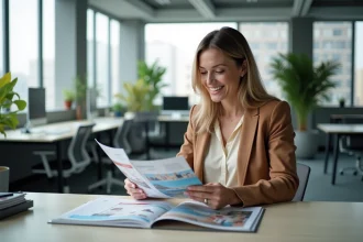 Employée GMF consultant des billets et brochures de voyage offerts par le comité d'entreprise