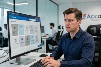 Employé informatique perplexe devant un intranet d'entreprise affichant des outils métiers manquants sur son écran