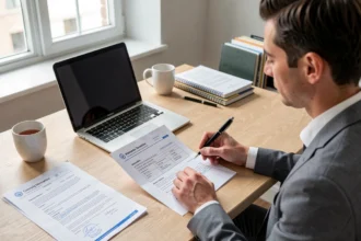 Entrepreneur consultant des documents d'immatriculation à son bureau