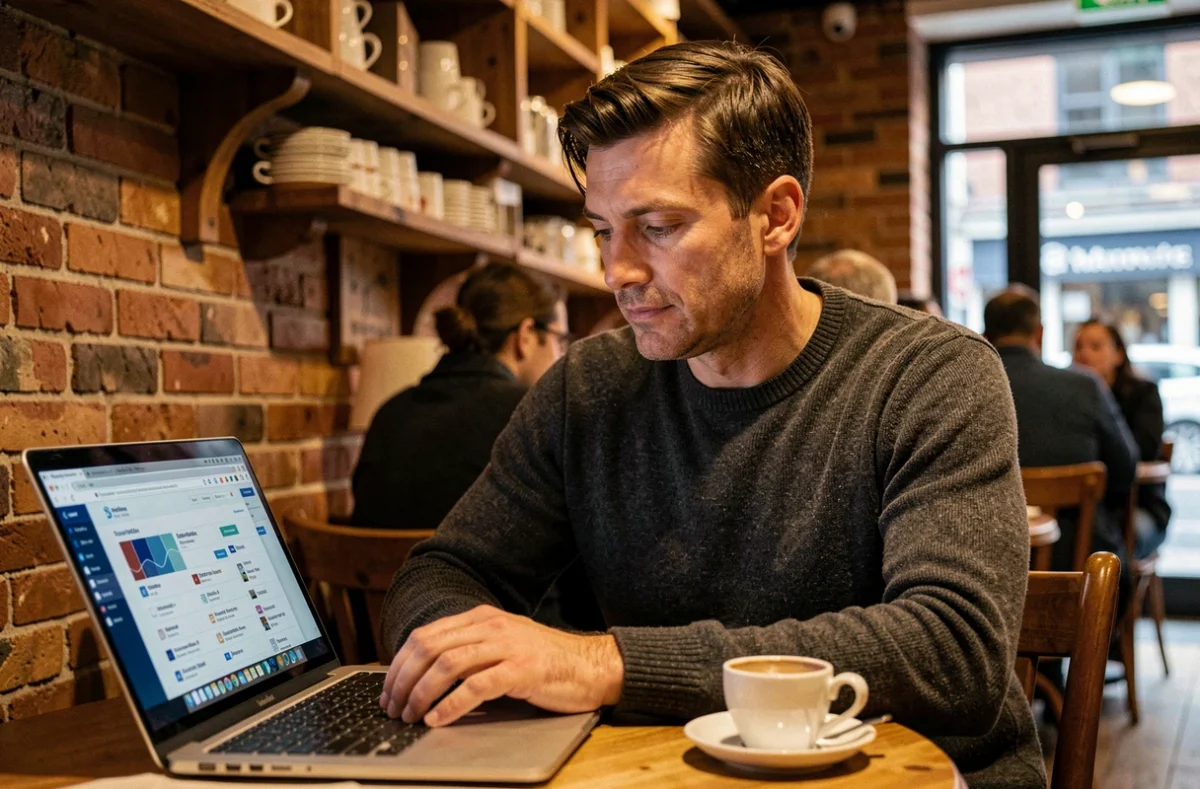 Entrepreneur consultant un site business sur son ordinateur portable dans un café parisien