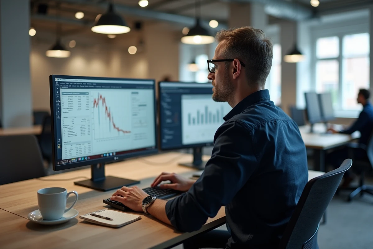 Entrepreneur masculin comparant un logiciel de facturation et Excel sur double écran dans un espace de coworking moderne