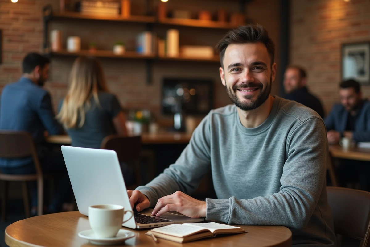 Jeune entrepreneur travaillant sur sa stratégie business crypto avec un ordinateur portable dans un café chaleureux