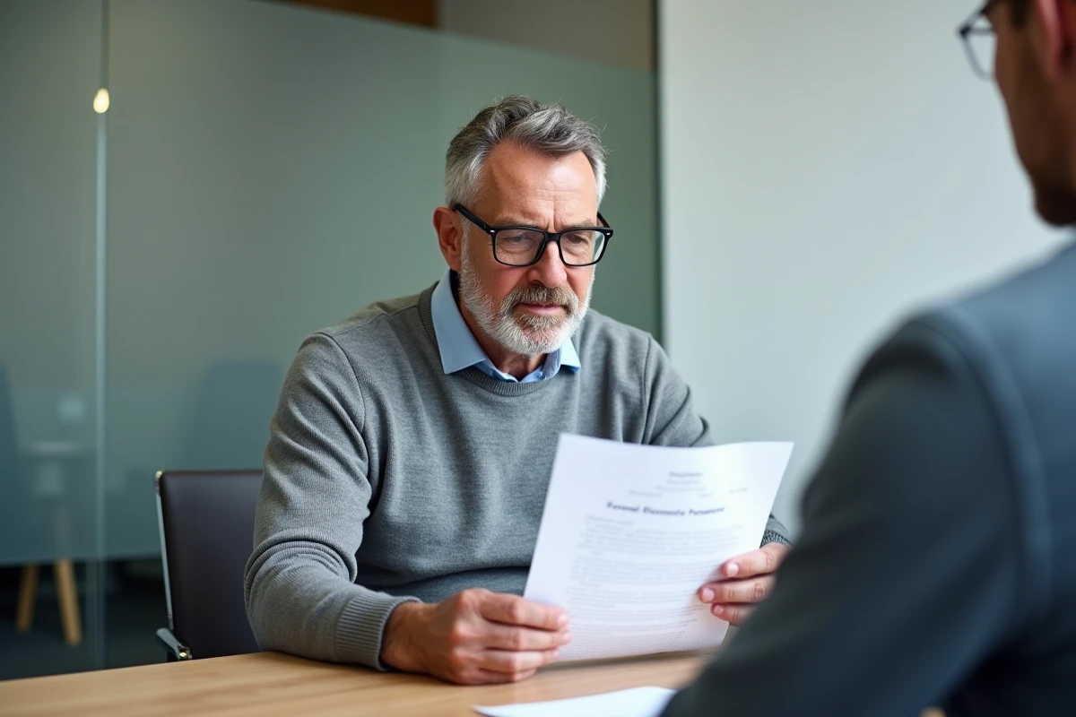 Homme d'âge mûr lisant un document de licenciement lors d'un entretien en salle de réunion, comprenant ses droits au chômage