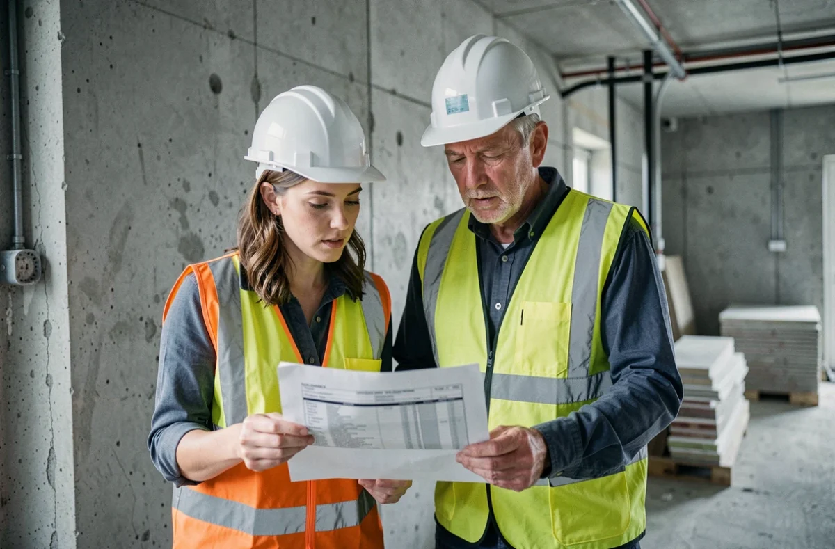 Deux professionnels du bâtiment analysant un devis de chantier imprimé dans un bâtiment en rénovation