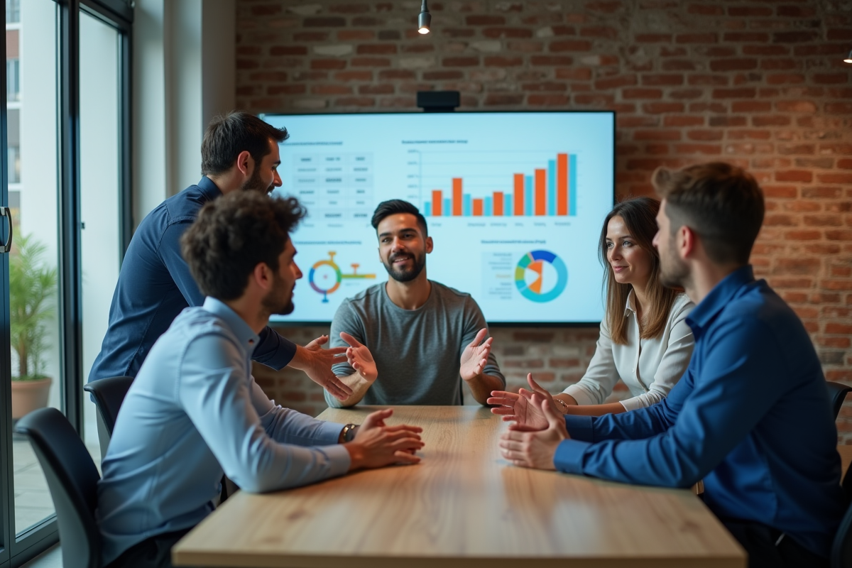 Groupe de professionnels collaborant autour d’un tableau digital