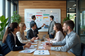 Groupe de professionnels en réunion autour d'un tableau d'objectifs