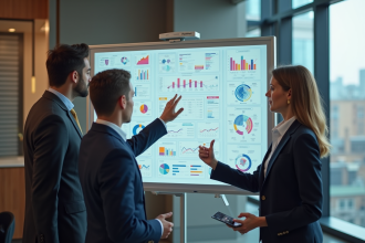 Groupe de professionnels en réunion autour de tableaux numériques