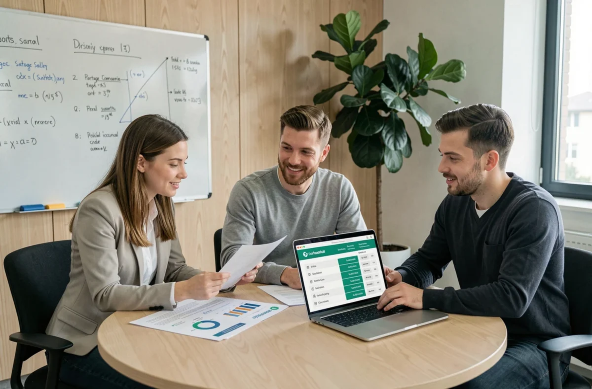 Équipe de professionnels informatiques en portage salarial comparant des sociétés de portage lors d'une réunion collaborative