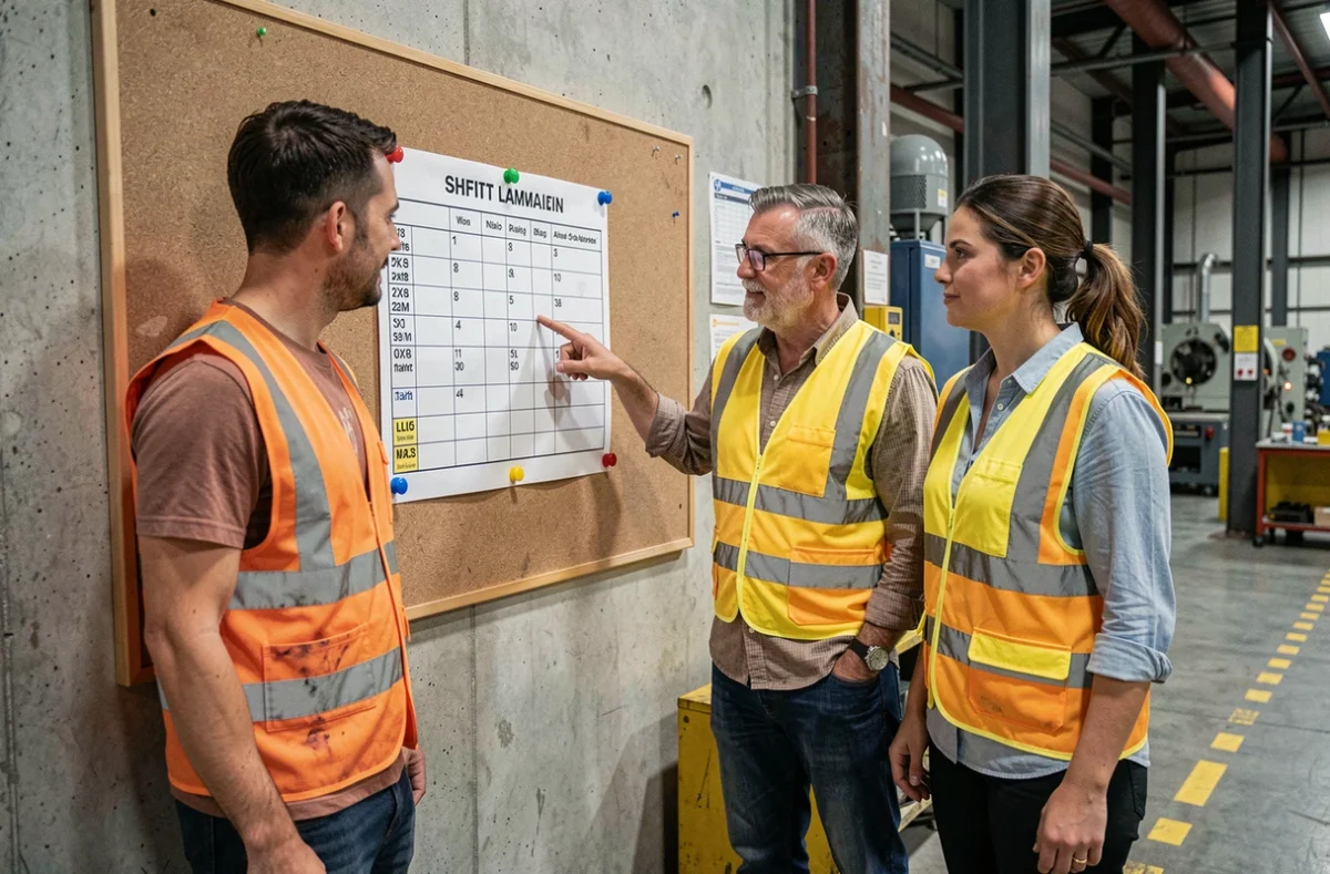 Équipe d'ouvriers discutant d'un planning 5x8 affiché sur un tableau d'usine