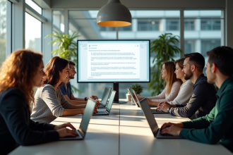 Groupe de professionnels dans un bureau lumineux en train de travailler