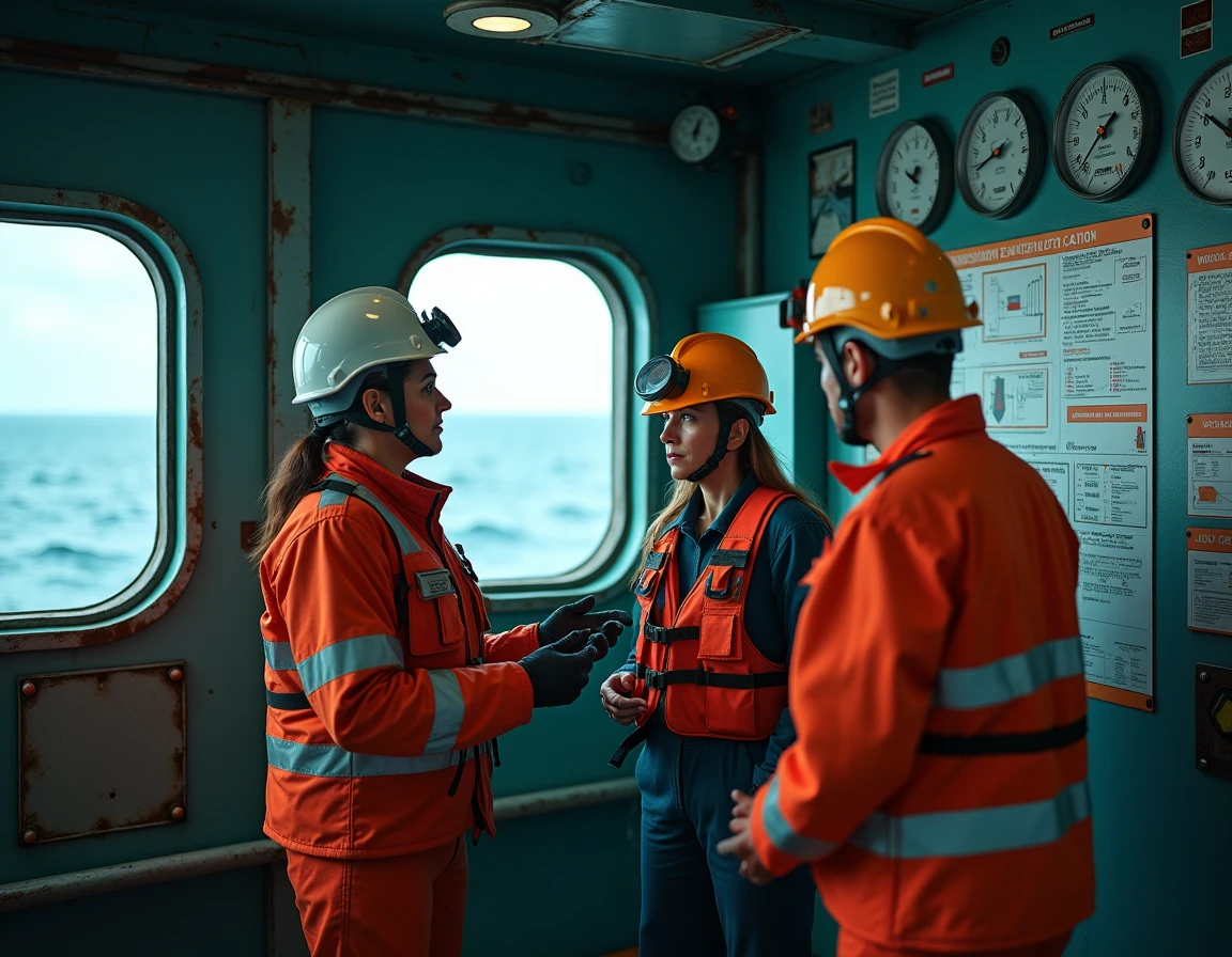Équipe d'ingénieurs en sécurité offshore étudiant un plan d'intervention d'urgence dans une salle de contrôle de plateforme pétrolière