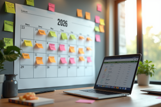 Espace de travail moderne avec calendrier 2026 et notes colorées