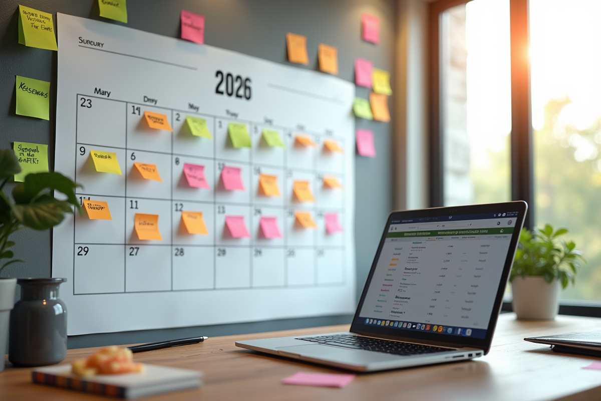 Espace de travail moderne avec calendrier 2026 et notes colorées