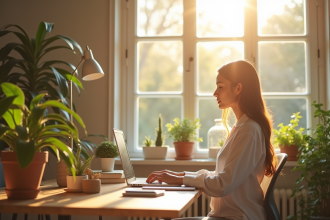 Espace de travail moderne et calme avec une femme travaillant seul