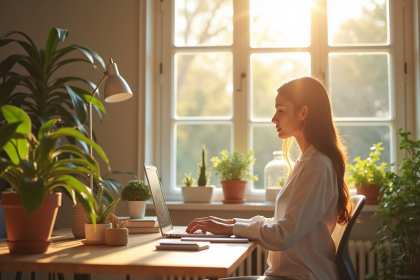 Espace de travail moderne et calme avec une femme travaillant seul