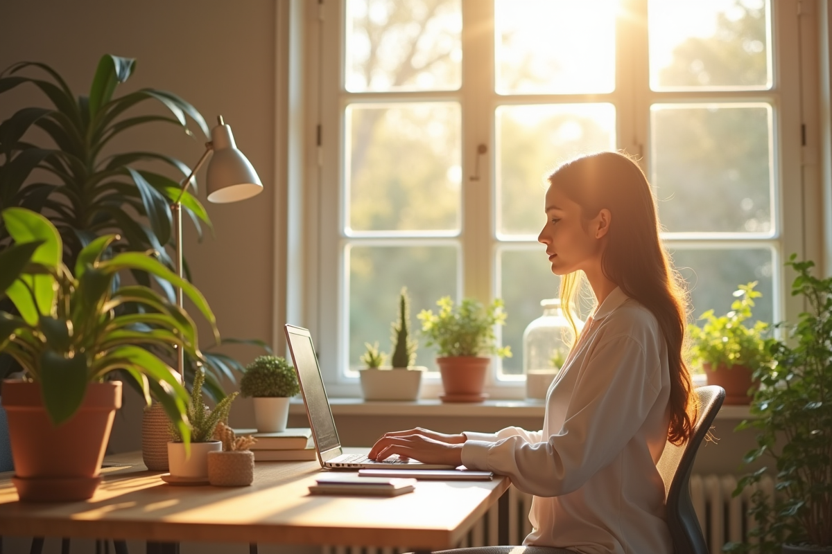Espace de travail moderne et calme avec une femme travaillant seul