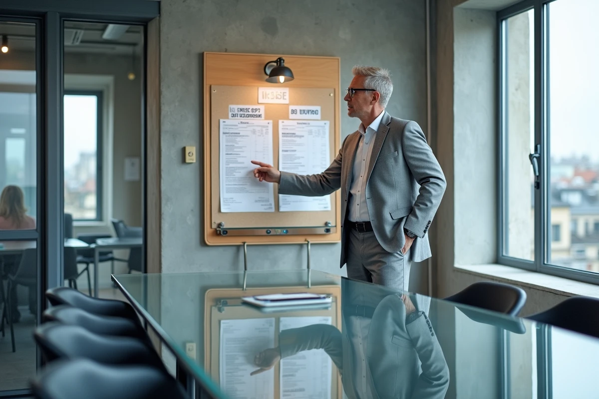 Expert-comptable présentant les codes NAF et URSSAF dans un espace de coworking moderne à Paris