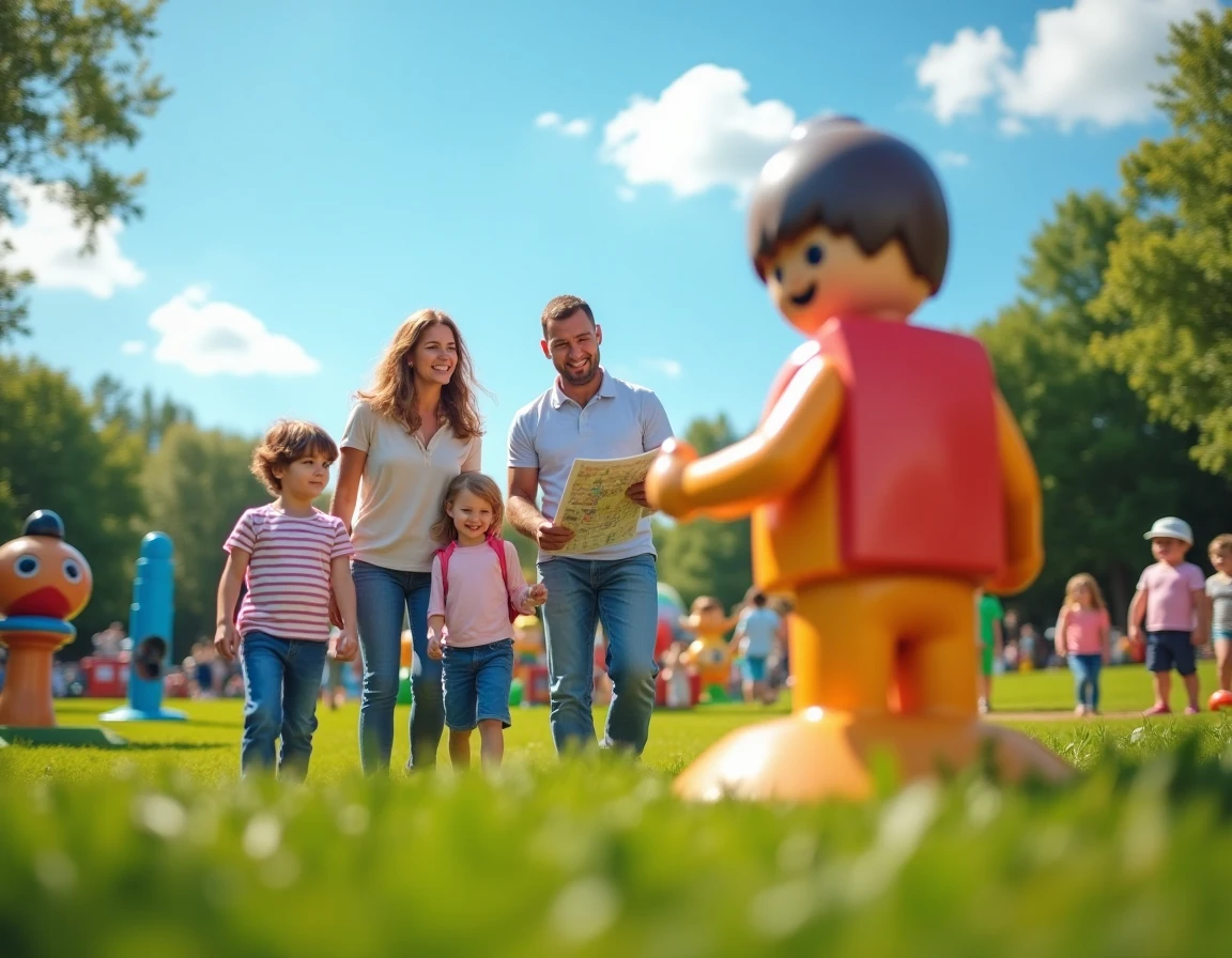 Famille visitant le Playmobil FunPark de Zirndorf avec figurine géante en décor extérieur