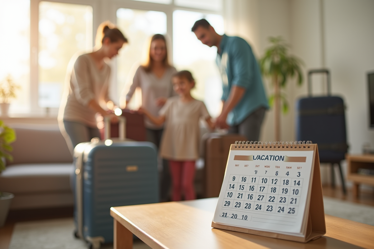 Famille préparant les valises avec calendrier 2026 et vacances