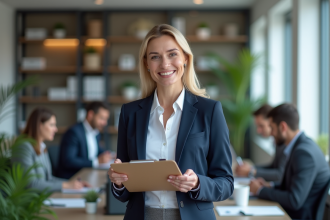 Femme d affaires en costume navy avec documents et label officiel