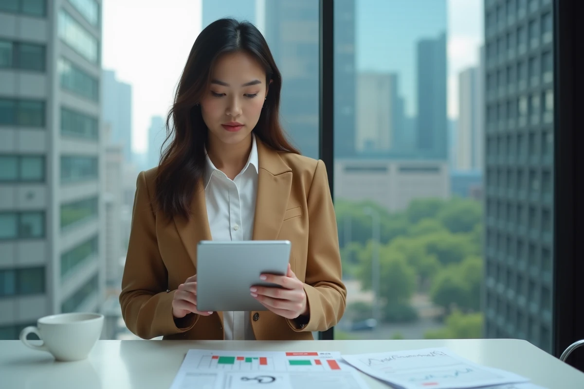 Femme d'affaires en blazer camel consultant des données crypto sur tablette dans un espace de coworking avec vue urbaine