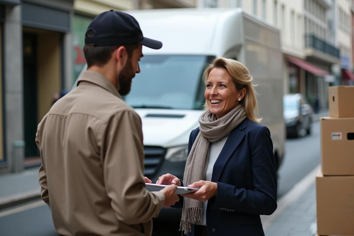 Femme d affaires parlant avec un déménageur dans la rue