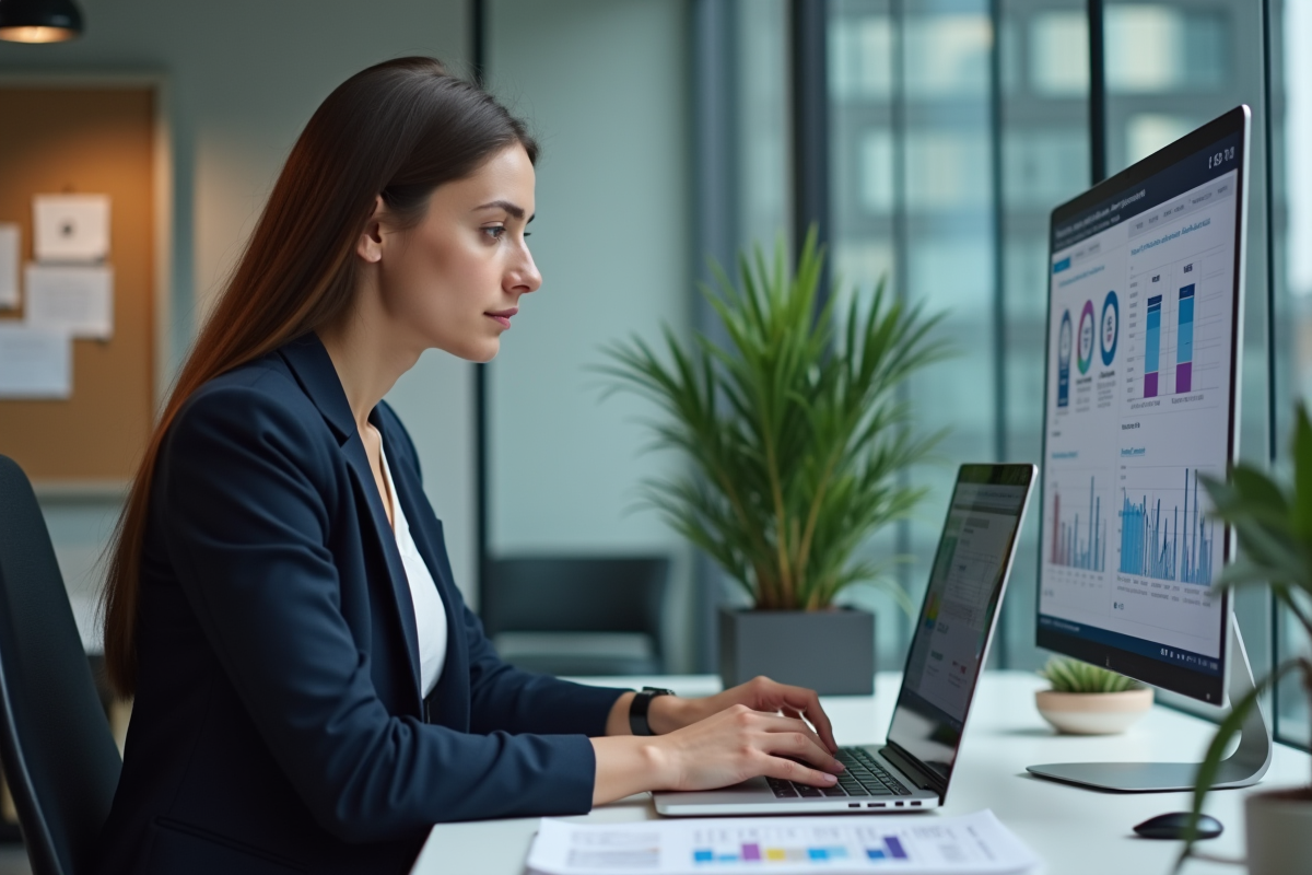 Femme professionnelle analysant des données marketing au bureau