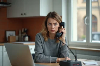 Femme frustrée passant un appel au service client téléphonique avec un ordinateur portable en panne devant elle dans une cuisine moderne