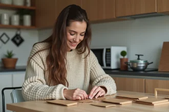 Femme en sweater assemble echantillons dans une cuisine moderne