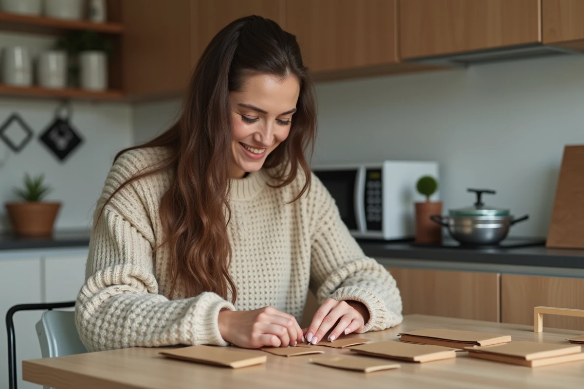 Femme en sweater assemble echantillons dans une cuisine moderne