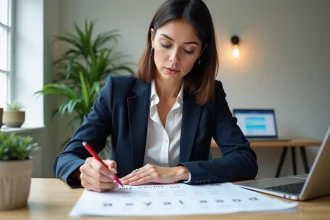 Femme professionnelle consultant un calendrier annuel 2026 avec jours travaillés marqués, dans un bureau moderne