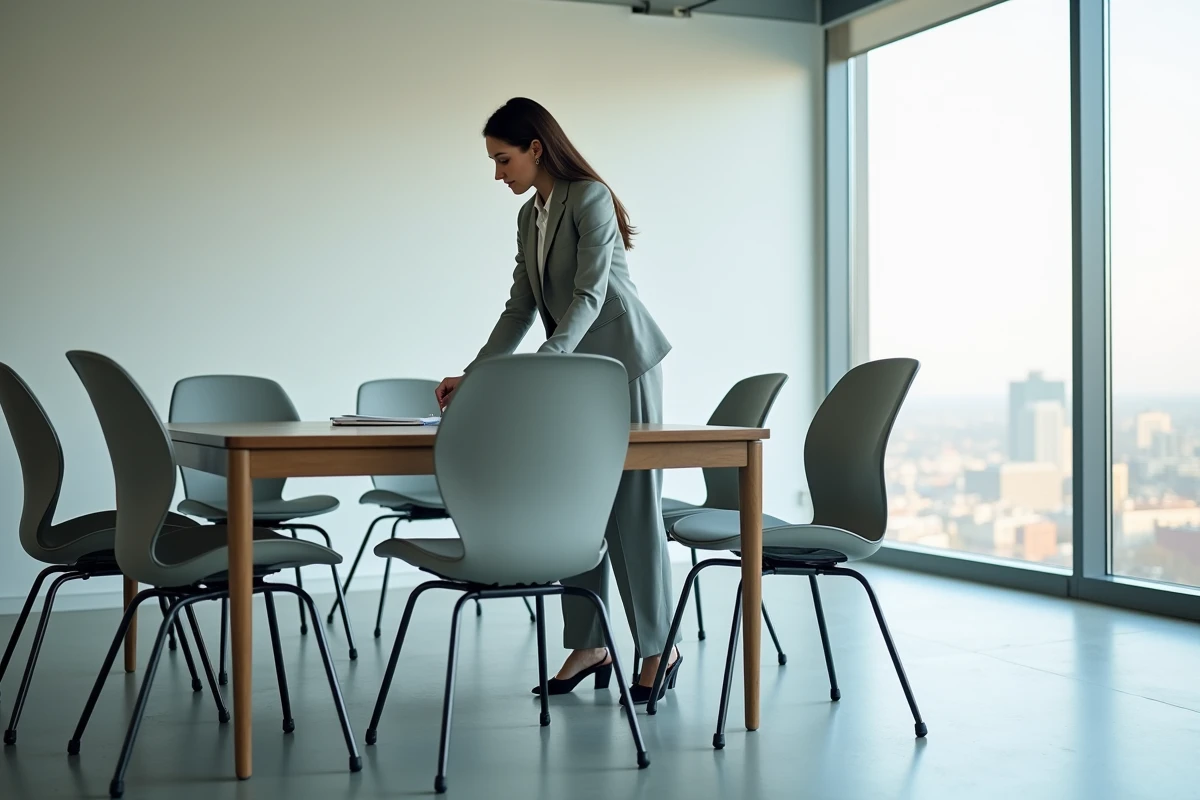 Jeune femme ajustant une chaise de bureau dans une salle de réunion