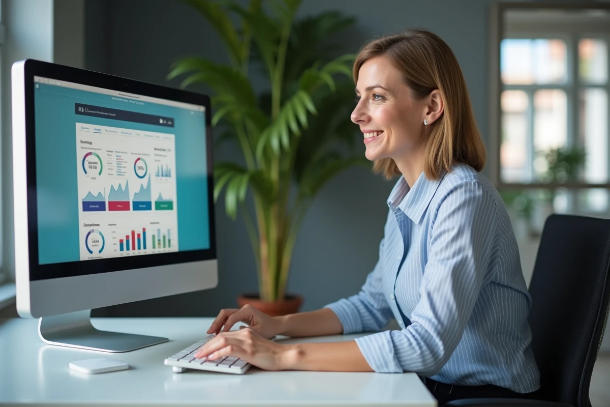 Femme d affaires souriante devant un tableau de bord numérique