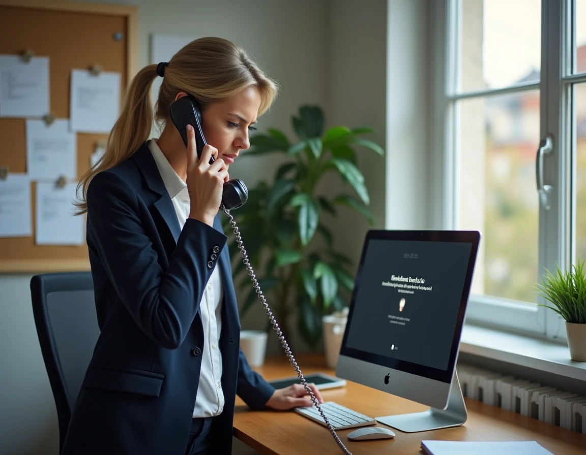 Femme au bureau à domicile téléphonant au service client pour signaler une panne internet avec un message d'erreur sur l'écran