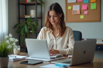 Femme assise à son bureau dans un home office moderne