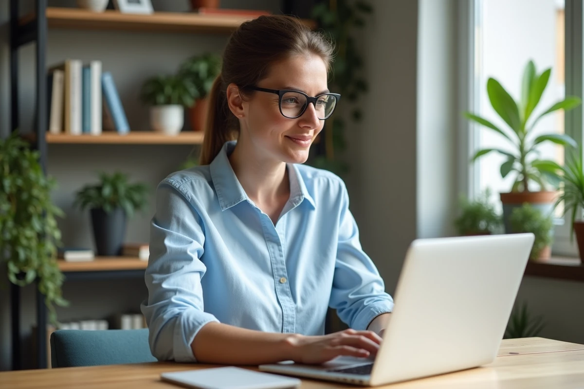 Femme en bureau lumineux travaillant sur son ordinateur