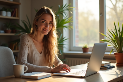 Jeune femme travaillant dans un bureau à domicile lumineux
